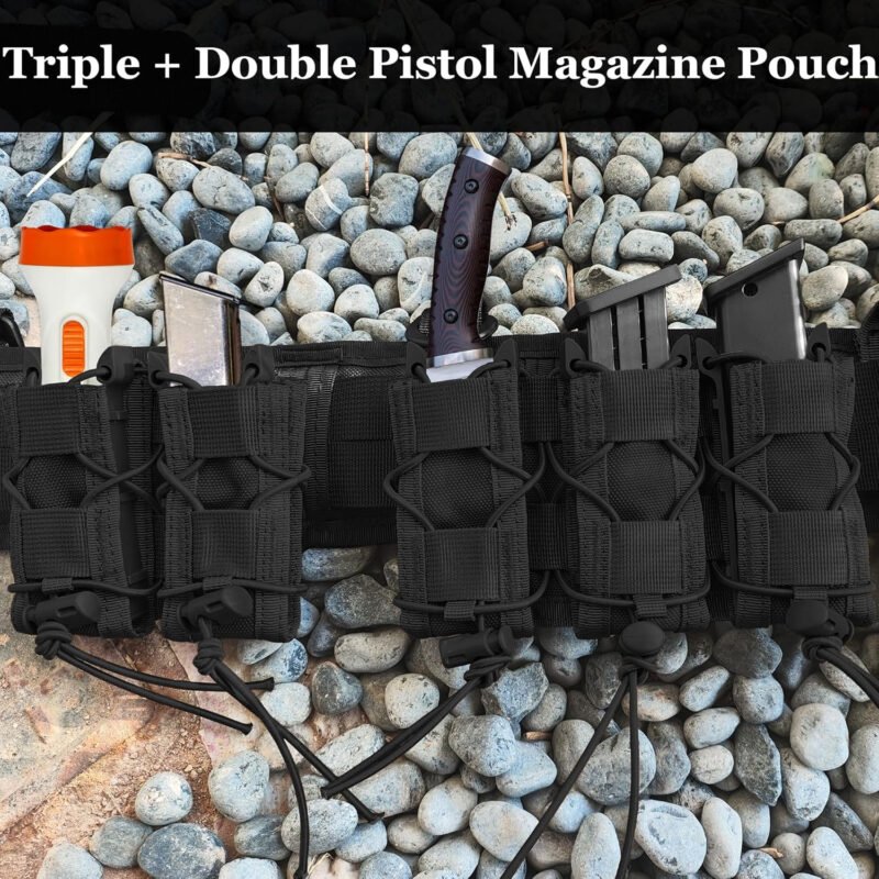 2Pc Triple & Double Pistol Mag Pouch Hold Five Mag, Molle Universal Handgun Magazine Holster for 9mm/.40 Calibers 45acp Glock S&W M&P, or Springfield 1911
