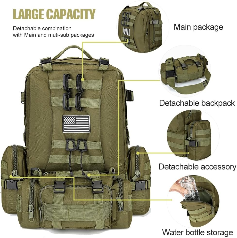 Large Military Tactical Backpack for Men, 40-50L Backpacks for Women, Bug out Bag Army 3 Days Pack Bags Rucksack with Molle System Green