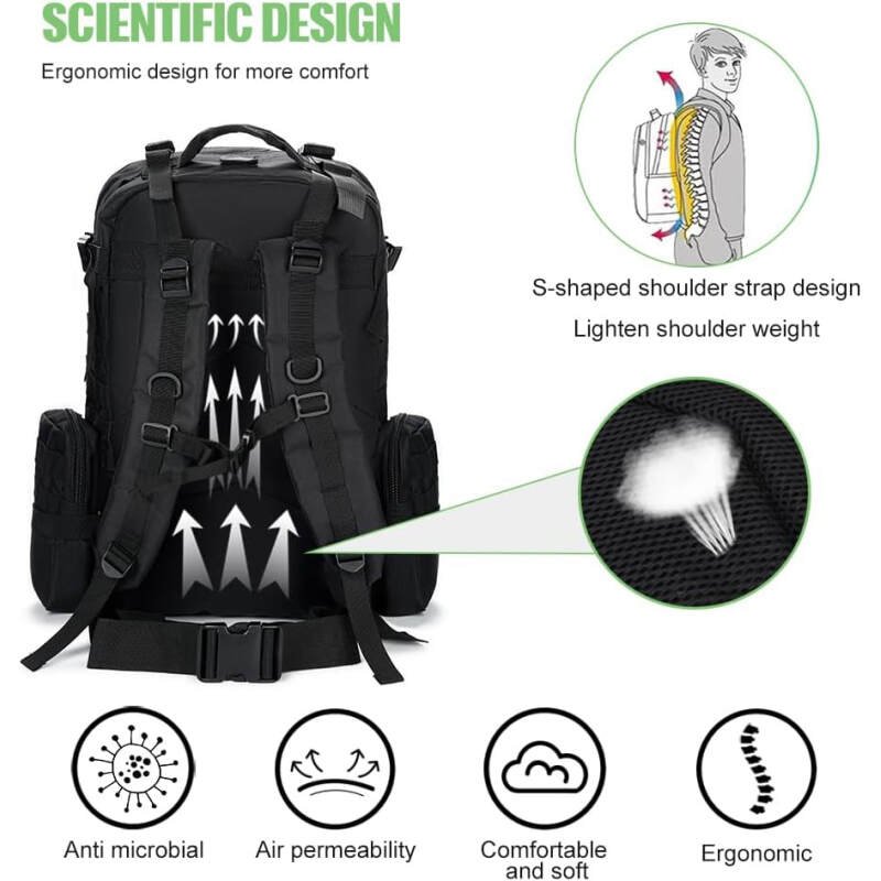 Large Military Tactical Backpack for Men, 40-50L Backpacks for Women, Bug out Bag Army 3 Days Assault Pack Bags Rucksack with Molle System Black