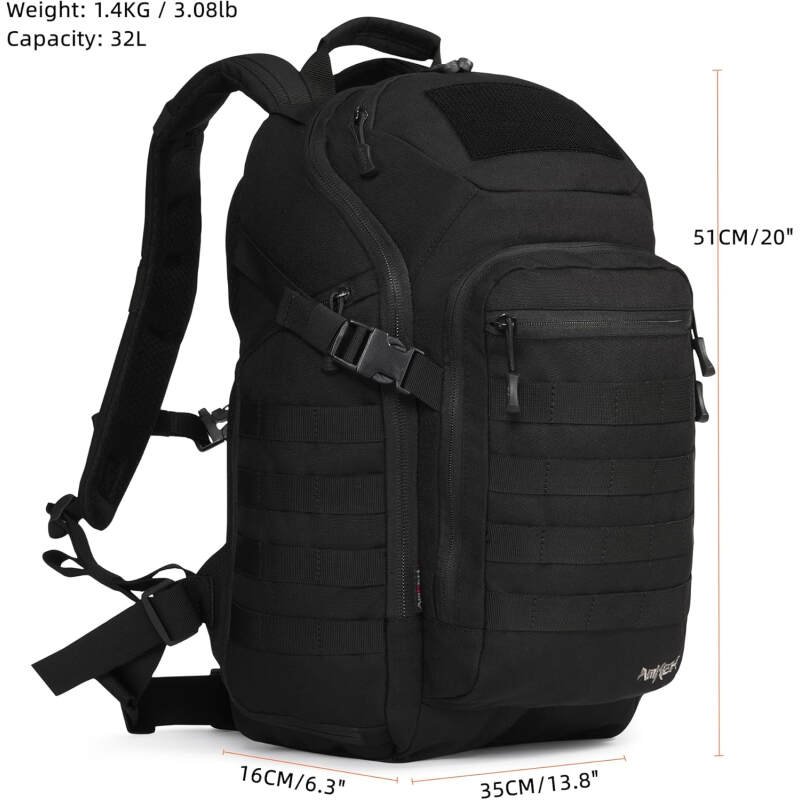 Tactical Backpack Military Molle Bag Army Rucksack Outdoor Daypack Water Resistant 2 Day Assault Pack Medium 32L (Black)