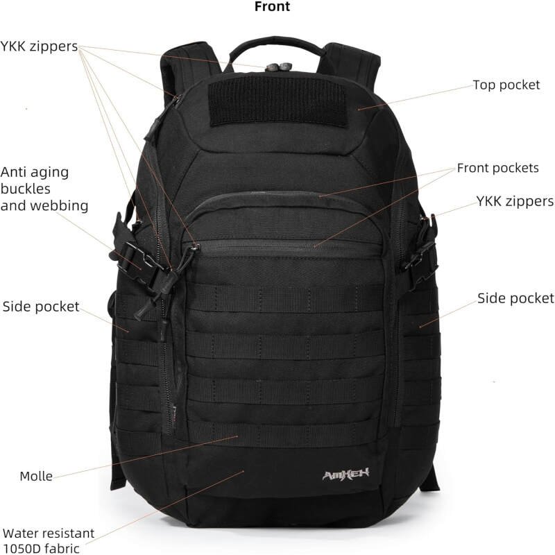 Tactical Backpack Military Molle Bag Army Rucksack Outdoor Daypack Water Resistant 2 Day Assault Pack Medium 32L (Black)
