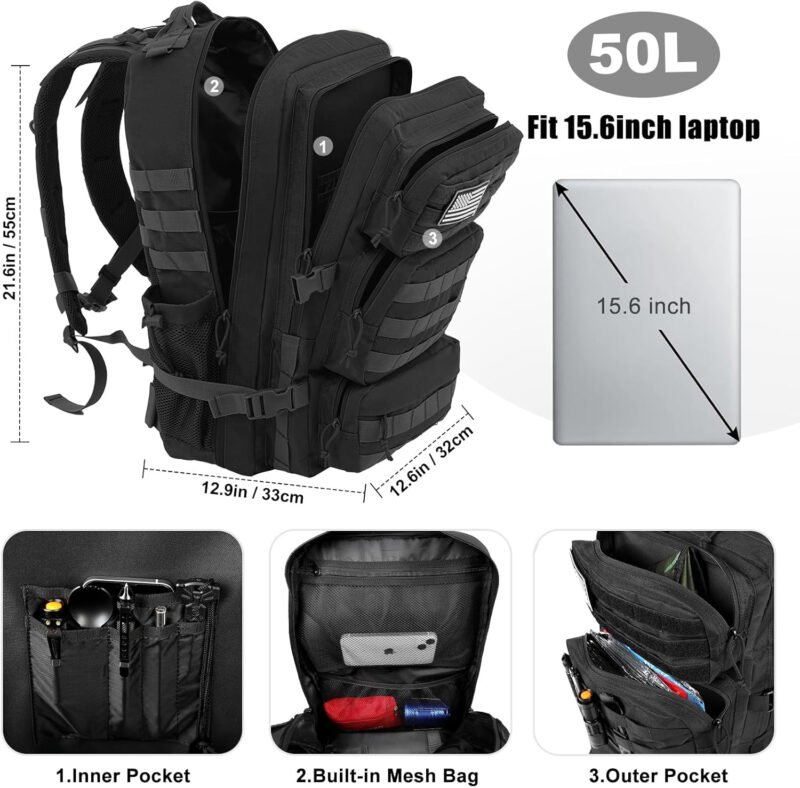 50L Military Tactical Backpack Large Day Backpack for Men Molle Army 3 Days Assault Pack Bug Out Bag Water Resistant and Heavy Duty Hiking Treeking Rucksack – Black