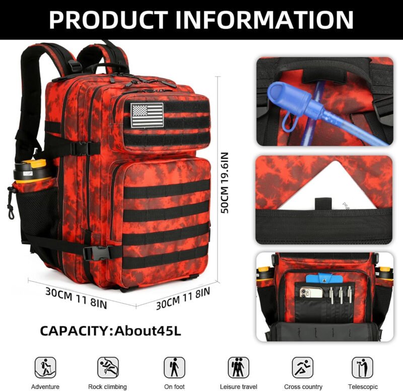 45L Tactical Assault Backpack 3 day assault pack with Molle Waterproof backpack Rucksack for Tactical Backpacks (Red water pattern)