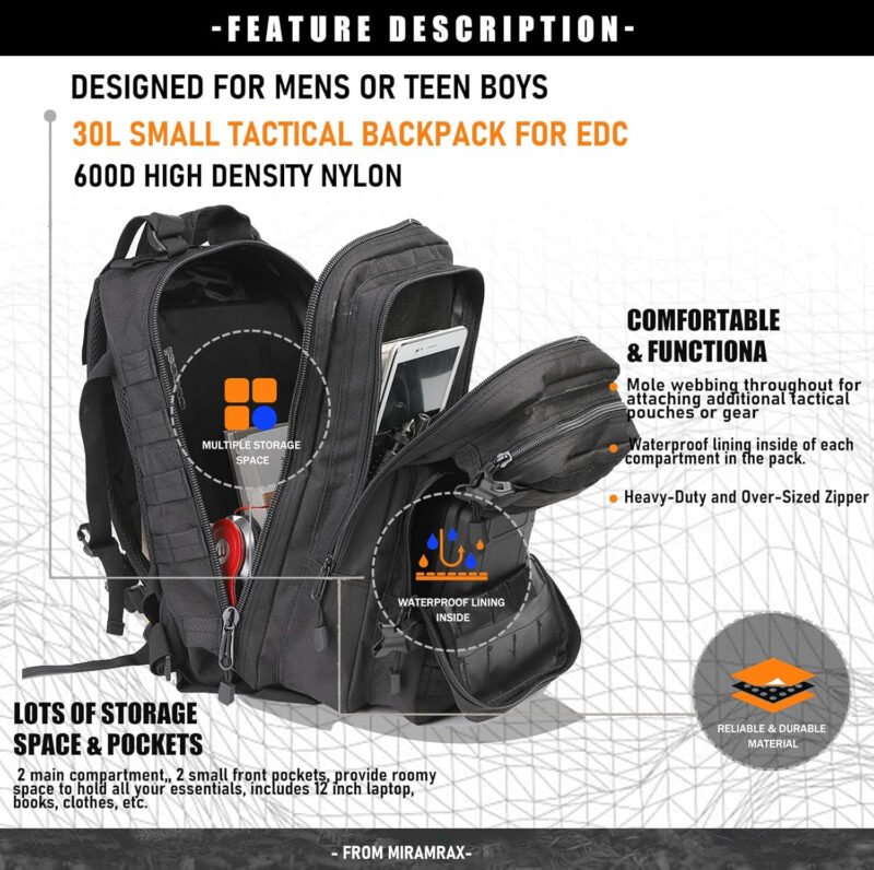 Small Tactical Backpack Military Daypack – 30L Backpack for Men Molle Assault Pack Bug Out Bag for Hiking Camping Travel Army Hunting Rucksack Trekking (Black)
