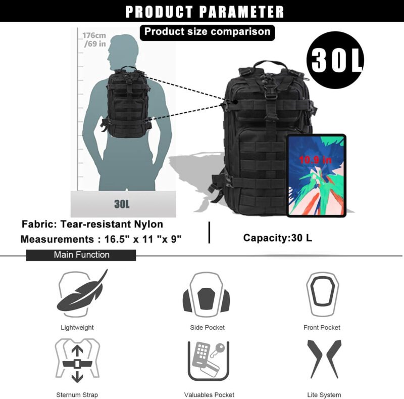 Small Tactical Backpack Military Daypack – 30L Backpack for Men Molle Assault Pack Bug Out Bag for Hiking Camping Travel Army Hunting Rucksack Trekking (Black)