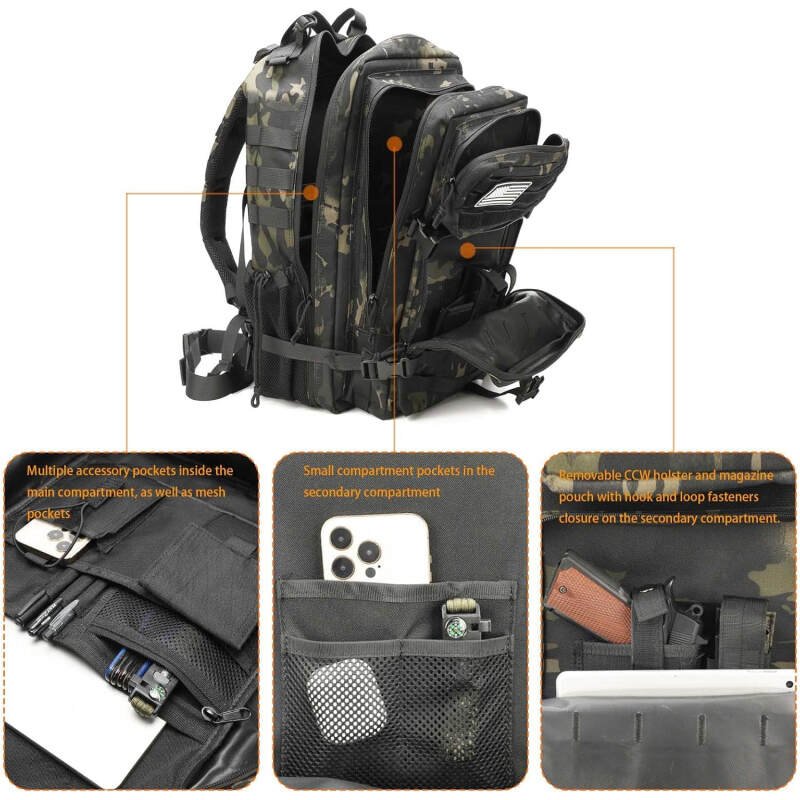 Tactical Backpack for Men 45L Military 3 Day Assault Pack with Gun Holster and Magazine Pouch of Handgun Large Hiking Backpack, Bug Out Bag Backpacks Tactical Gear Molle Backpack Pistol Bag Black Camo
