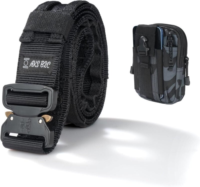 AKS Tactical Belt with Buckle | Molle Belt | Security Utility Belt with Pouch | Heavy Duty Battle Belt
