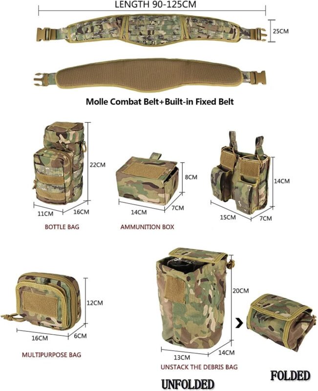 BOMTURN Tactical Battle Belt Military Molle War Duty Belt Law Enforcement for Police Army 7 in 1 Set