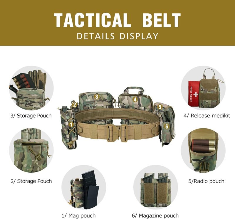 BOMTURN Tactical Battle Belt with Pouches Accessories Law Enforcement Duty Combat Military Utility Police Belt 8ps