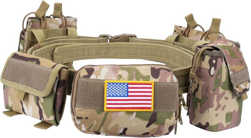 EZshoot Tactical Belt Men Battle Belt Multifunctional 7 in 1 Tactical Duty Belt with Accessories Pouches Utility Belt for Outdoor Sport Camo