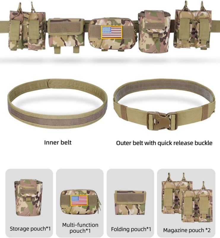 EZshoot Tactical Belt Men Battle Belt Multifunctional 7 in 1 Tactical Duty Belt with Accessories Pouches Utility Belt for Outdoor Sport Camo