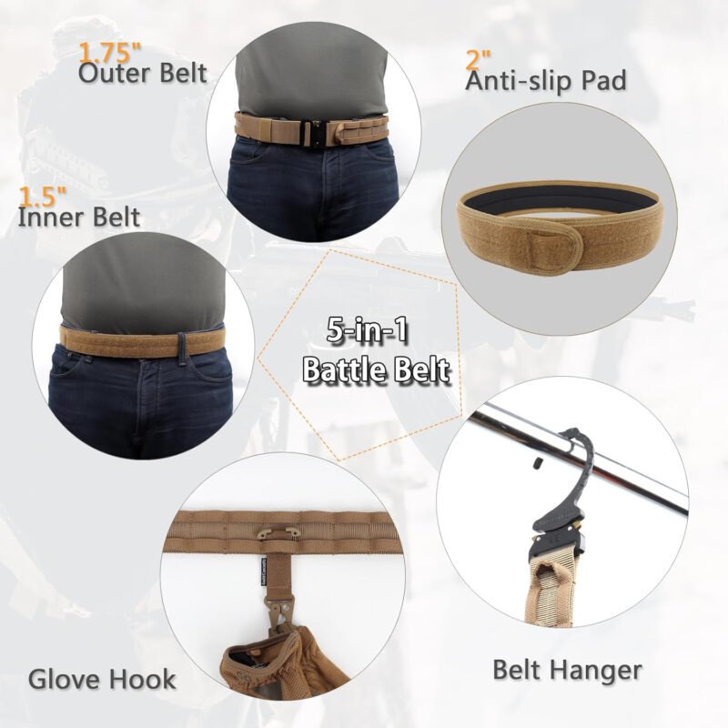 Tactical Battle Belt, 5-in-1 Quick Release Rigger Belt 1.75” MOLLE Belt Duty Belt with Belt Hanger