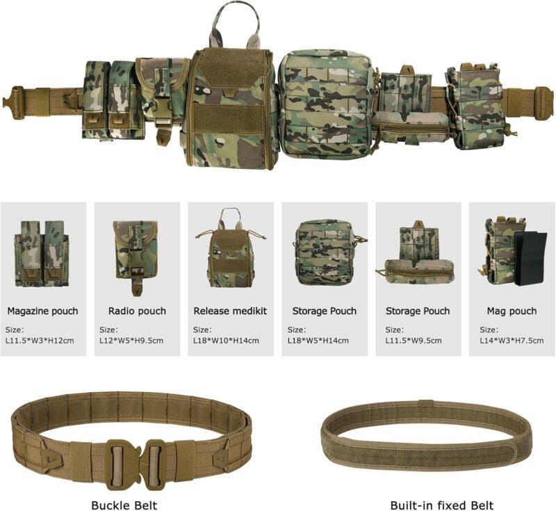 Tactical Belt Battle Law Enforcement Molle  Duty Belt Quick-Release with Pouches 8 in 1