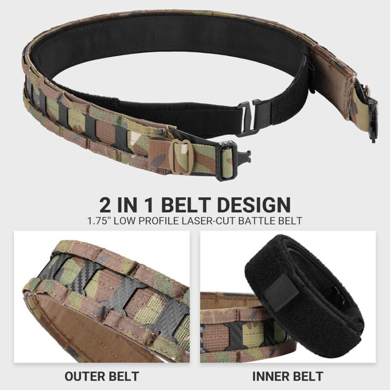 Tactical Belt, 1.75” MOLLE Battle Belt with Quick Release Buckle, Low Profile Laser-Cut Battle Belt for Range