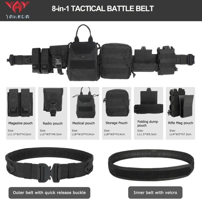 YAKEDA Battle Belts Tactical Molle Duty Belts Law Enforcement with Pouches 8-in-1 (Black)
