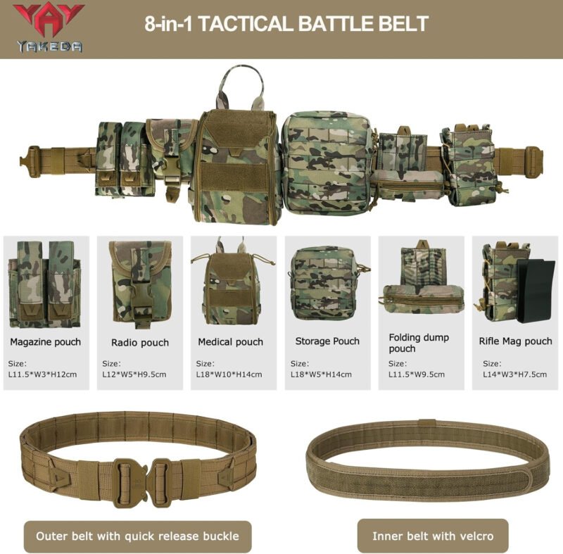 YAKEDA Molle Battle Belt with Accessories -Tactical Combat Belt Quick Release Rigger  Belt Heavy Duty Belts 8 pcs