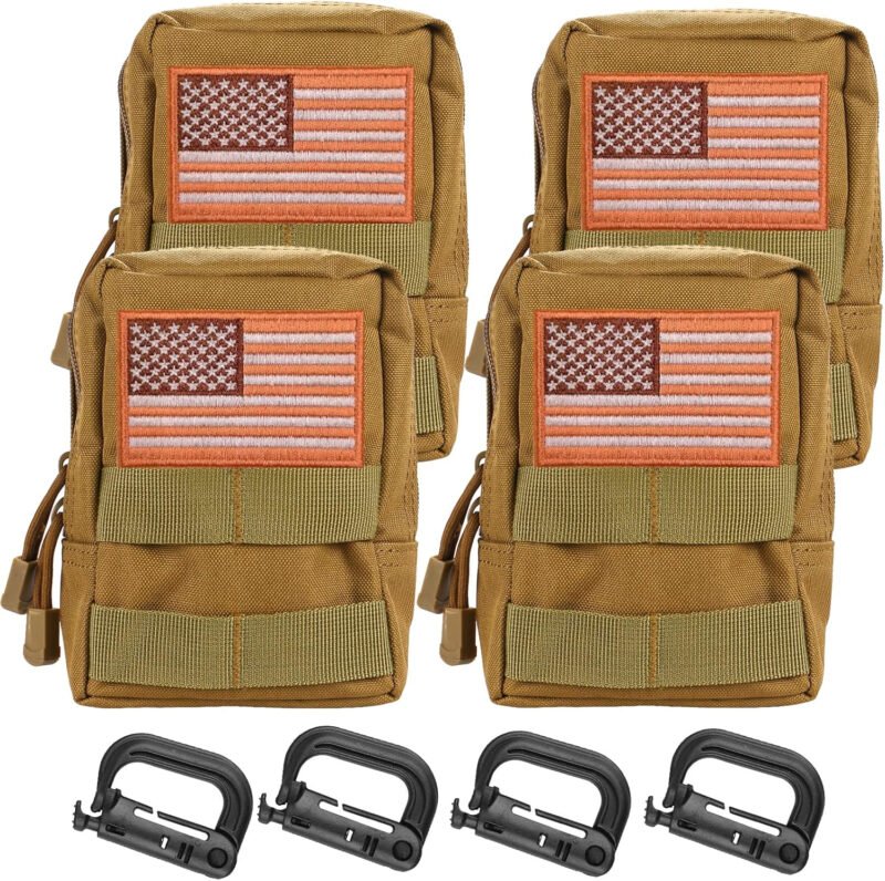 4-Pack Molle Pouch Tactical Utility EDC Small Bags Pouches with 4 Detachable Patch & 4 D-Ring Clips