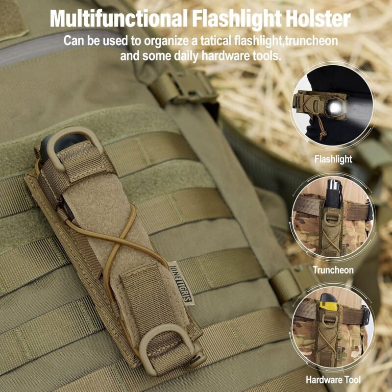 OneTigris Flashlight Holster Molle Flashlight Holder for Belt Tactical Pouch for Torch Linear Hand Tool with Open-top MOLLE Strap for Vertical & Horizontal Carrying (Black)