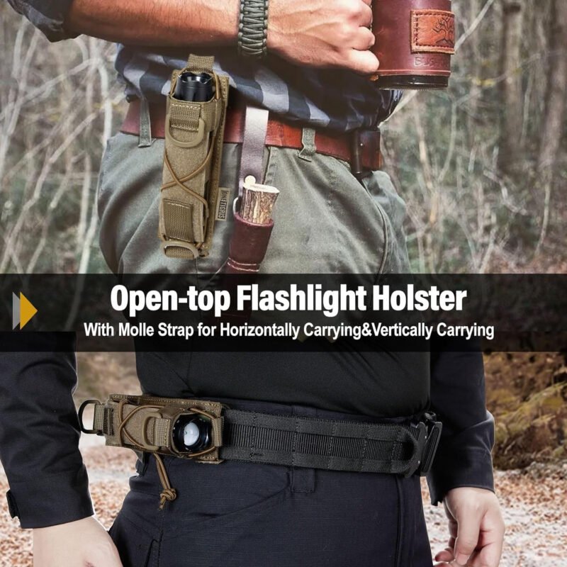 OneTigris Flashlight Holster Molle Flashlight Holder for Belt Tactical Pouch for Torch Linear Hand Tool with Open-top MOLLE Strap for Vertical & Horizontal Carrying (Black)