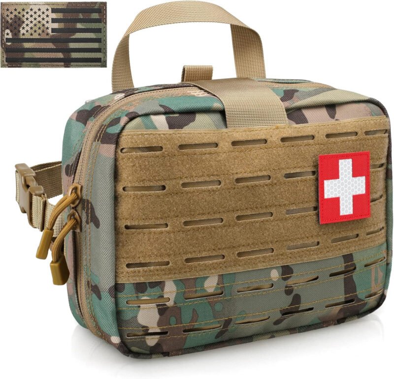 Tactical Molle Medical Pouch – Upgraded Size, Large Capacity IFAK Pouch with Detachable Quick Release and Headrest Mount, Includes Flag and Cross Patch