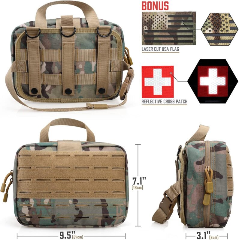 Tactical Molle Medical Pouch – Upgraded Size, Large Capacity IFAK Pouch with Detachable Quick Release and Headrest Mount, Includes Flag and Cross Patch