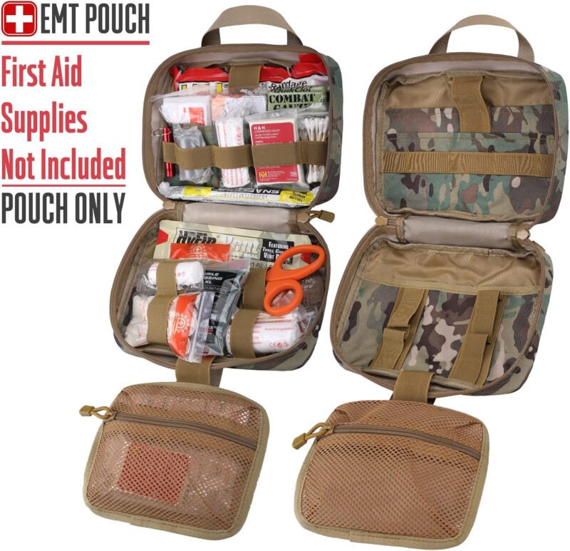 Tactical Molle Medical Pouch – Upgraded Size, Large Capacity IFAK Pouch with Detachable Quick Release and Headrest Mount, Includes Flag and Cross Patch
