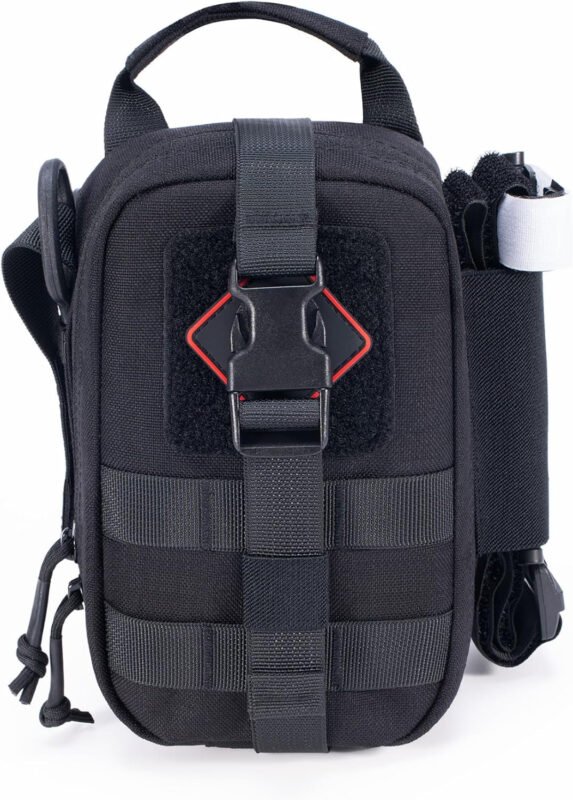 Tactical Rip Away IFAK Pouch Compact First Aid Medical EMT Pouch Emergency Trauma Bag for Home Car Outdoor Military W/ 3 Types Molle Clips/Car Headrest Mount Strap/Carabiner Clip/Med Cross Patch