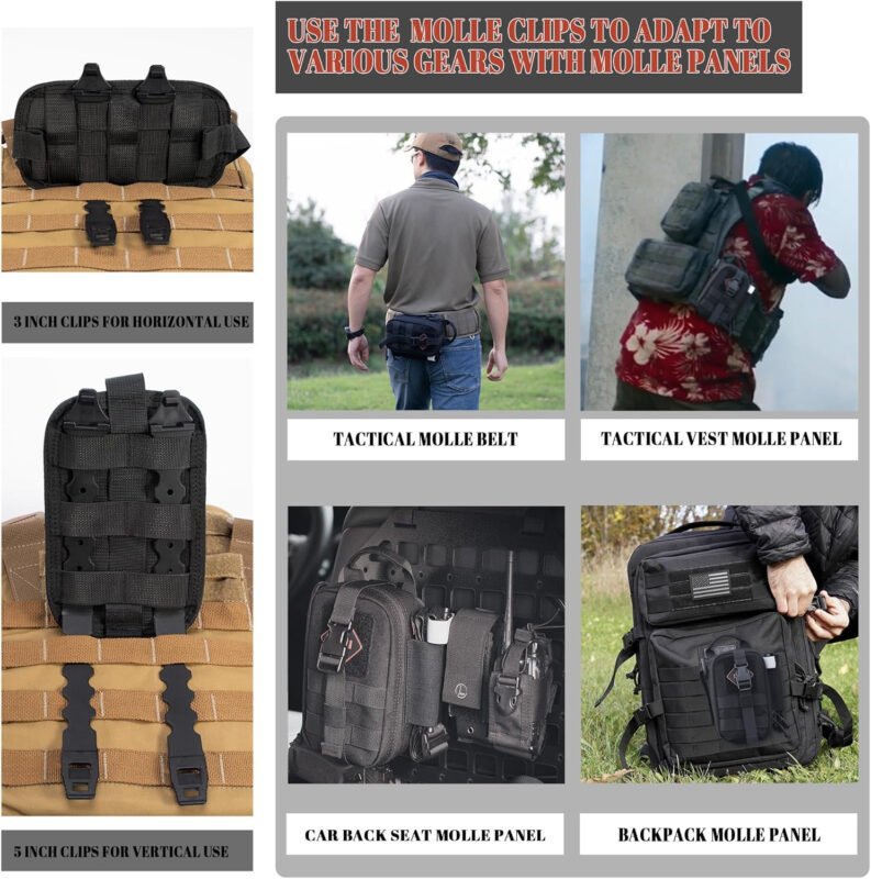 Tactical Rip Away IFAK Pouch Compact First Aid Medical EMT Pouch Emergency Trauma Bag for Home Car Outdoor Military W/ 3 Types Molle Clips/Car Headrest Mount Strap/Carabiner Clip/Med Cross Patch