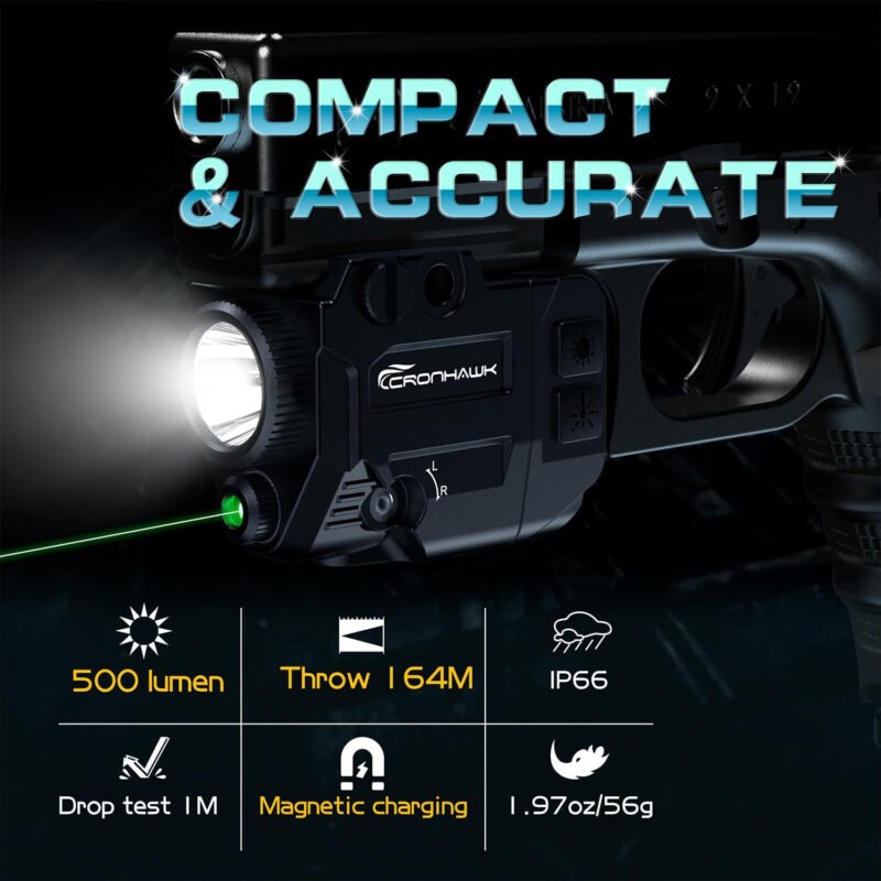 500 Lumens Tactical Weapon Flashlights Laser Sight – Rail-Mounted Light and Green Laser Light Combo for Pistol with Picatinny Rail and GL Rails – Magnetic Charging Port