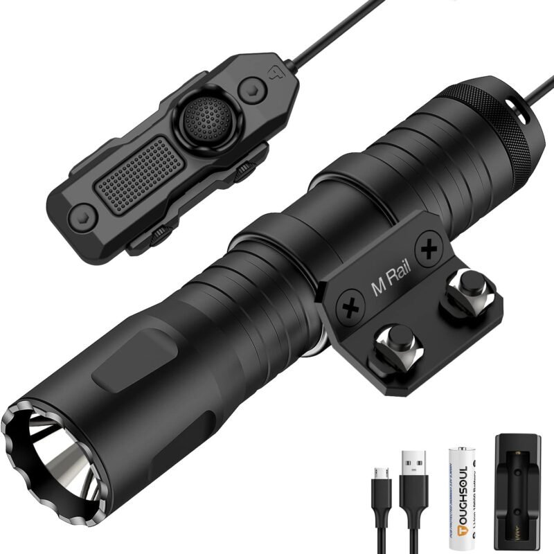 TOUGHSOUL Mlok Picatinny Tactical Flashlight 1250 Lumens, Rechargeable Flashlight with Remote Pressure Switch LED Light with Rechargeable Batteries and Charger Included (Mlok Mounted)