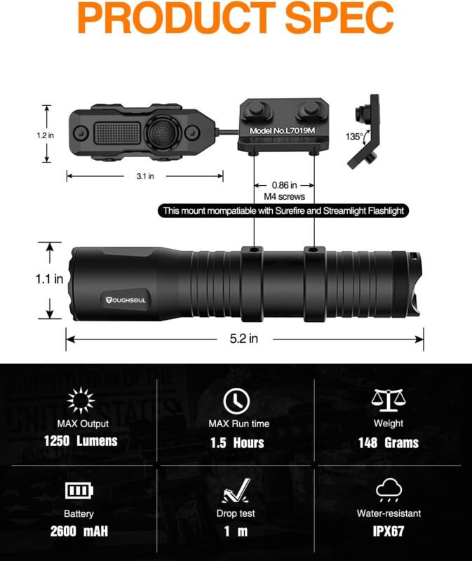 TOUGHSOUL Mlok Picatinny Tactical Flashlight 1250 Lumens, Rechargeable Flashlight with Remote Pressure Switch LED Light with Rechargeable Batteries and Charger Included (Mlok Mounted)