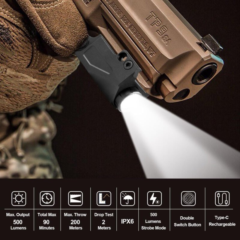500 Lumens Mini Pistol Flashlight Picatinny Rail Mounted Rechargeable Weapon Light, Fits Taurus G2C G3C, Anodized Aluminum Shell, Tactical Pistol Torch with Strobe Function