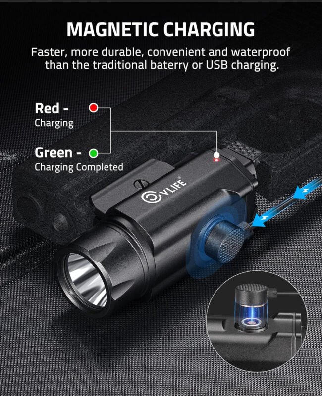 CVLIFE 1500 Lumens Pistol Flashlight Magnetic Rechargeable, Tactical Light for Pistol with Quick Install Adjustable Rail, Picatinny Flashlight with Strobe Function