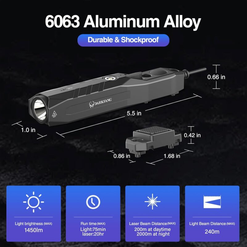 DARKFANG Mlok Tactical Flashlight and Laser Combo for Rifle, 1450 Lumen Weapon Light with Removeable Pressure Switch
