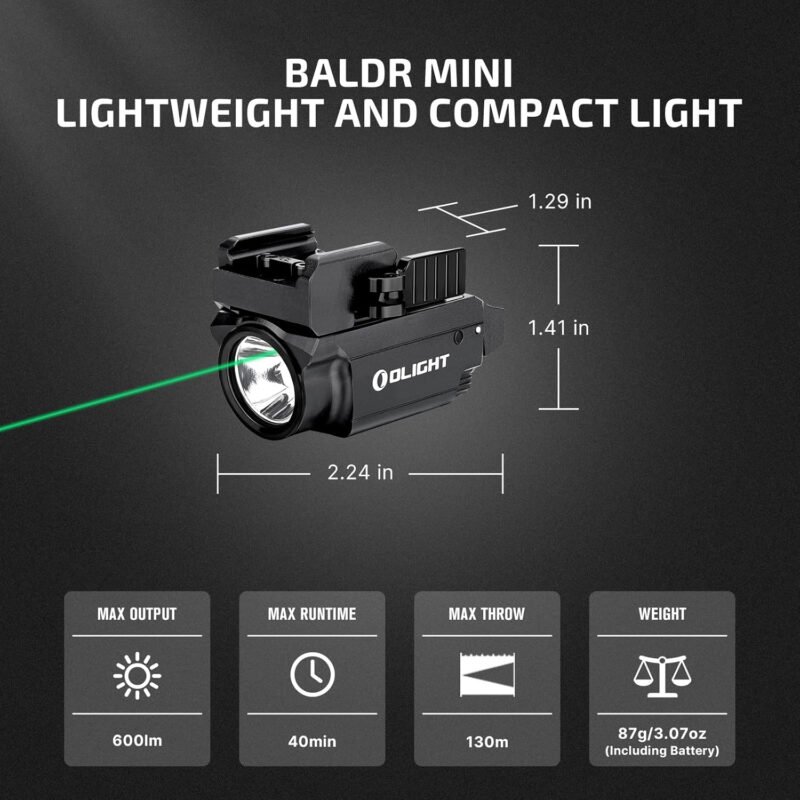 OLIGHT Baldr Mini 600 Lumens Rechargeable Weaponlight with Green Beam and White LED Combo, Magnetic USB Compact Tactical Flashlight with Adjustable Rail for G19, G45, Sig P320, and so on(Black)