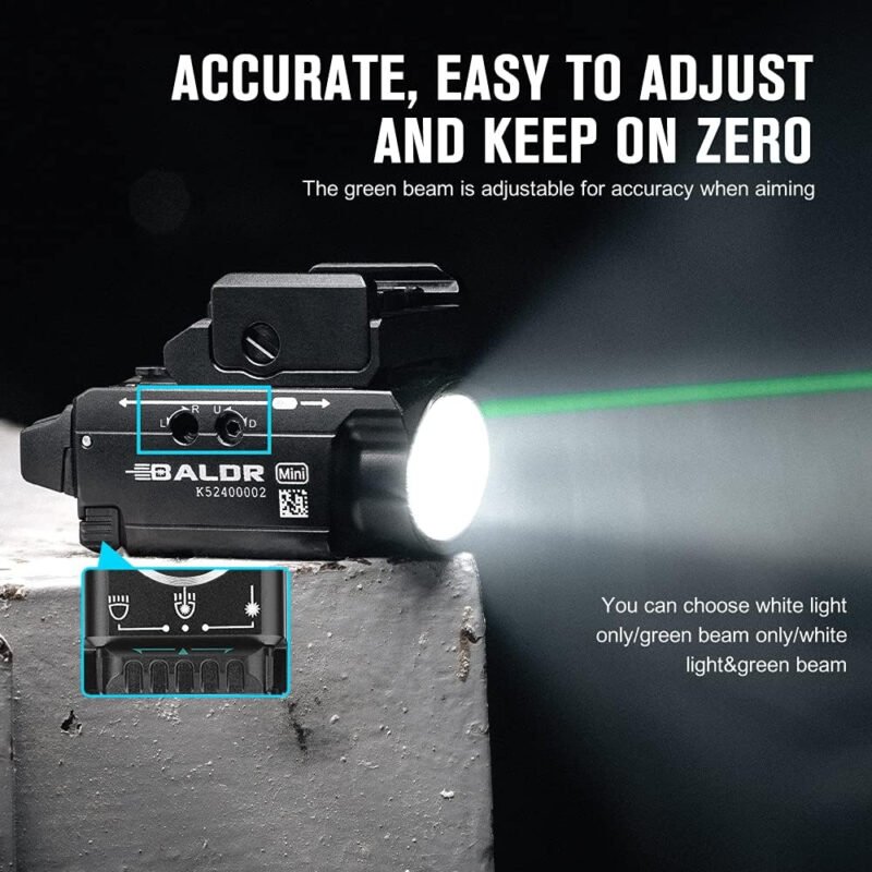 OLIGHT Baldr Mini 600 Lumens Rechargeable Weaponlight with Green Beam and White LED Combo, Magnetic USB Compact Tactical Flashlight with Adjustable Rail for G19, G45, Sig P320, and so on(Black)