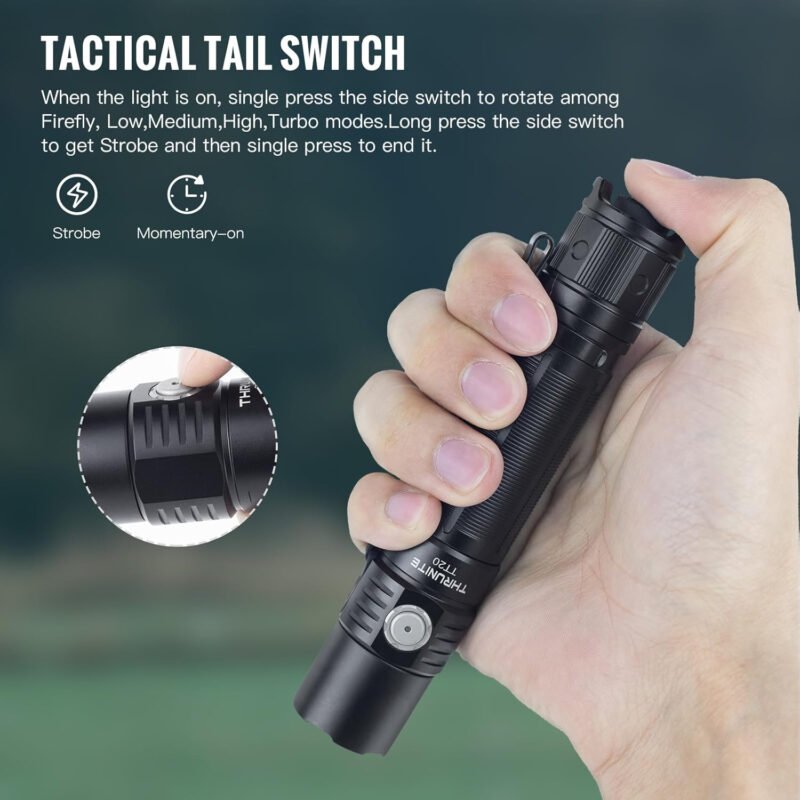 ThruNite TT20 Tactical Dual Switch LED Flashlight, High 2010 Lumens, Long 305 Meters Beam Distance, USB-C Rechargeable Flashlight Compact for Hunting, Hiking – Black CW