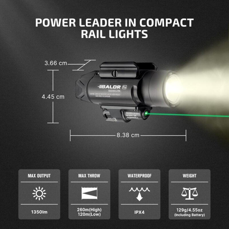 OLIGHT Baldr Pro 1350 Lumens Tactical Weaponlight with Green Light and White LED, 260 Meters Beam Distance Compatible with 1913 or GL Rail, Batteries Included(Black)