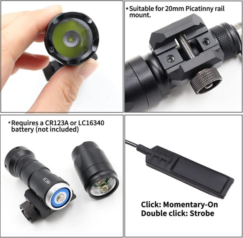 Tactical Picatinny Flashlight M300A Mini Light LED Whitelight with Strobe Weapon Light with Pressure Switch Tactical Flashlight 400 Lumens, Black