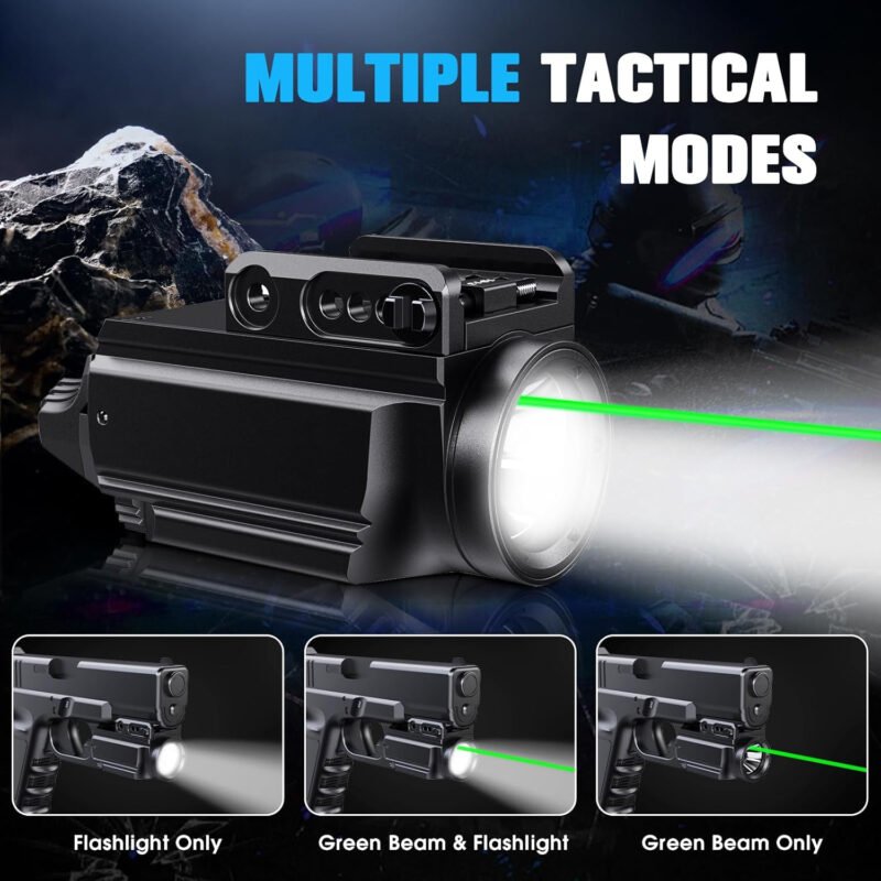 1000 Lumens Pistol Light Green Beam Combo, Strobe & Memory Function Weapon Light with Adjustable Picatinny or GL Rail, USB Rechargeable Aluminum Compact Tactical Flashlight, Battery Included