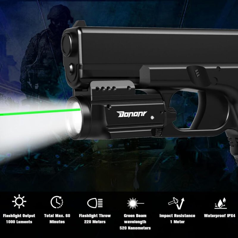 1000 Lumens Pistol Light Green Beam Combo, Strobe & Memory Function Weapon Light with Adjustable Picatinny or GL Rail, USB Rechargeable Aluminum Compact Tactical Flashlight, Battery Included