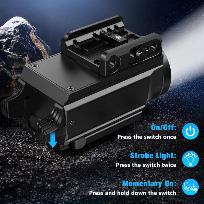 1000 Lumens Pistol Light Green Beam Combo, Strobe & Memory Function Weapon Light with Adjustable Picatinny or GL Rail, USB Rechargeable Aluminum Compact Tactical Flashlight, Battery Included