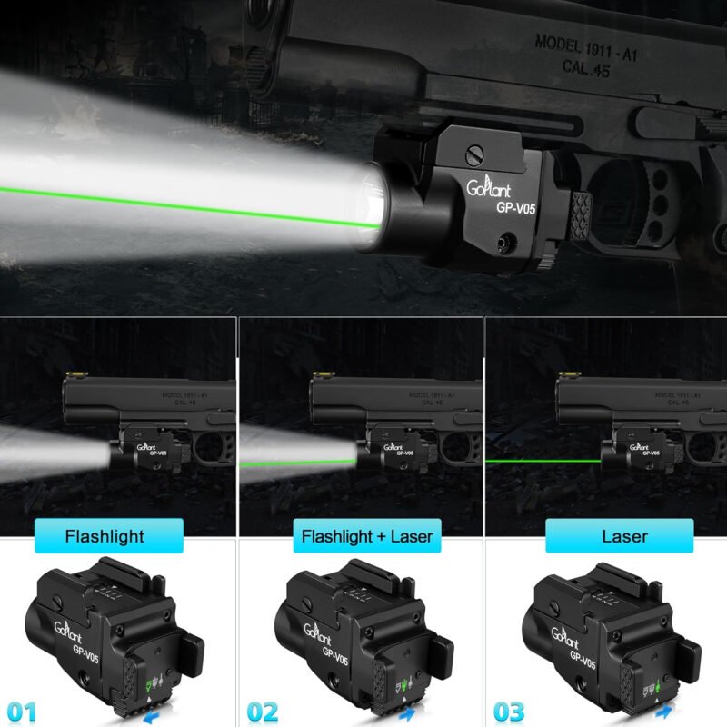 1500 Lumens Compact Weapon Laser Light, Aircraft Grade Aluminum Pistol Light, Adjustable Rail-Mounted Handgun Light and Green Laser Combo