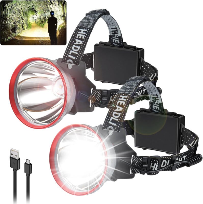 Aikertec Rechargeable Headlamp 2 Pack, 180000 Lumen Super Bright Headlamp Flashlight, 80H Headlamp Battery Powered, 120° Adjustable, IP67 Waterproof, Led Headlamp for Outdoor Camping Fishing
