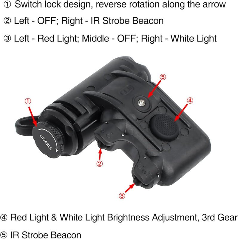 Tactical Helmet Light Military with Red Light + White Task Lamp + IR Strobe Beacon, 5 LED Beads  Survival Signal Light with Helmet Light Mount for ARC/MICH Helmet/Guide Rail/Hat