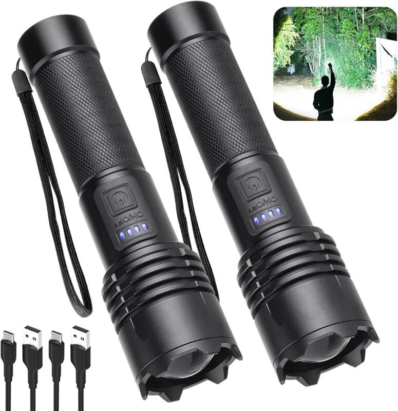 Rechargeable 990000 High Lumens LED Flashlights 2 Pack, Super Bright Flashlight with 3 Modes, IPX6 Waterproof, Powerful Handheld Flash Light for Home Camping Emergency (Black)