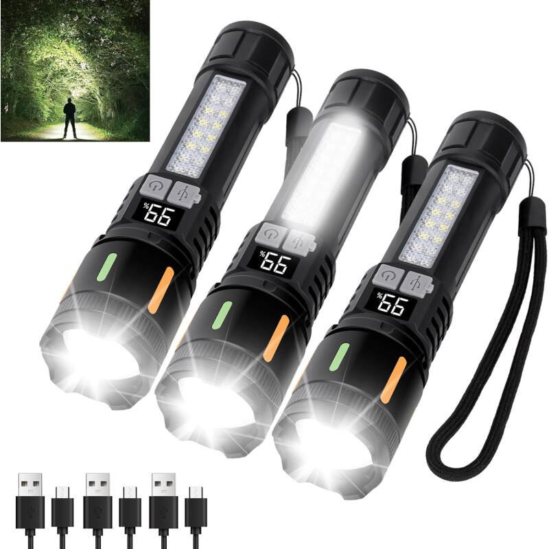 Flashlights High Lumens Rechargeable 3 Packs, 990,000 Lumen Led Flashlight Battery Powered with 5 Light Modes, Side Light, USB C, Waterproof, Zoomable, Blue & Red Strobe, Handheld Flash Lights