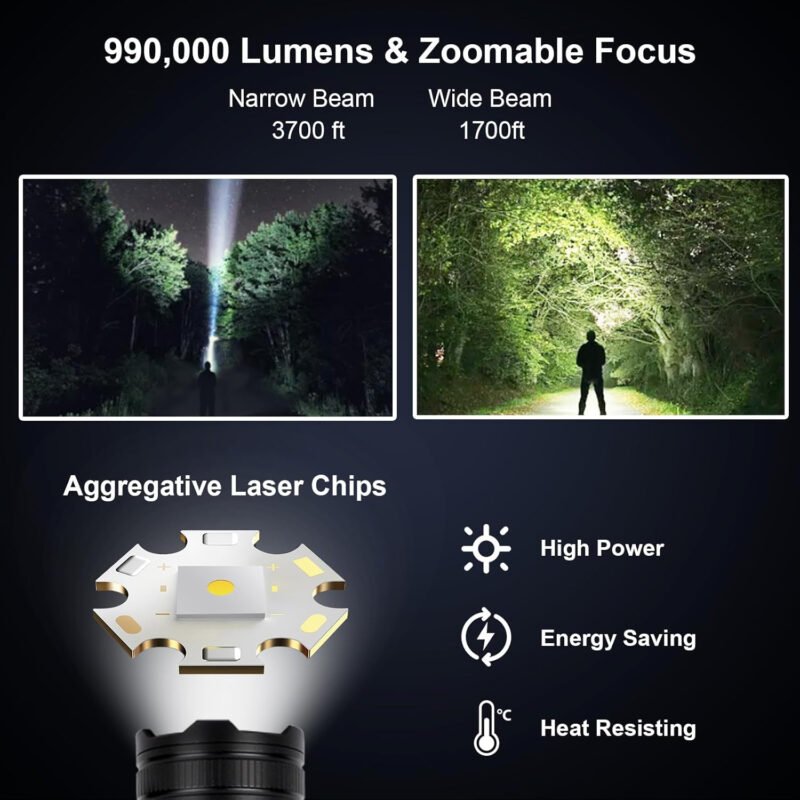 Flashlights High Lumens Rechargeable 3 Packs, 990,000 Lumen Led Flashlight Battery Powered with 5 Light Modes, Side Light, USB C, Waterproof, Zoomable, Blue & Red Strobe, Handheld Flash Lights