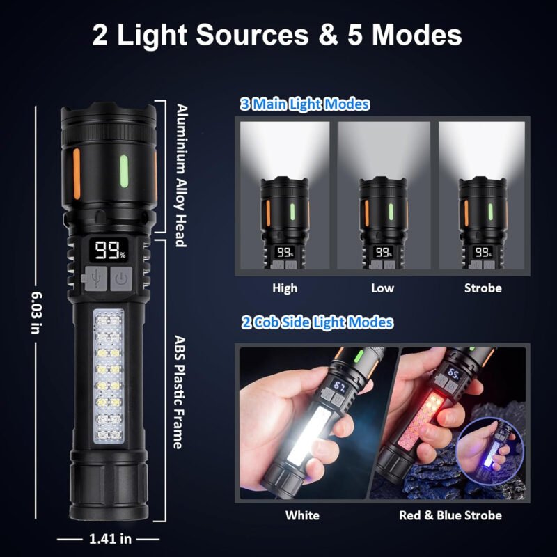 Flashlights High Lumens Rechargeable 3 Packs, 990,000 Lumen Led Flashlight Battery Powered with 5 Light Modes, Side Light, USB C, Waterproof, Zoomable, Blue & Red Strobe, Handheld Flash Lights