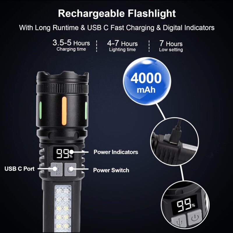Flashlights High Lumens Rechargeable 3 Packs, 990,000 Lumen Led Flashlight Battery Powered with 5 Light Modes, Side Light, USB C, Waterproof, Zoomable, Blue & Red Strobe, Handheld Flash Lights